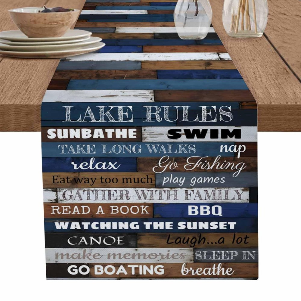 Table Runner-Cotton Linen- Long 120 Inch Holiday Dresser Scarves, Retro Farmhouse Wood Grain Lake Rules Positive Energy Positive Words Patchwork Tablerunner for Kitchen Dining Living Room Scarf Dcor