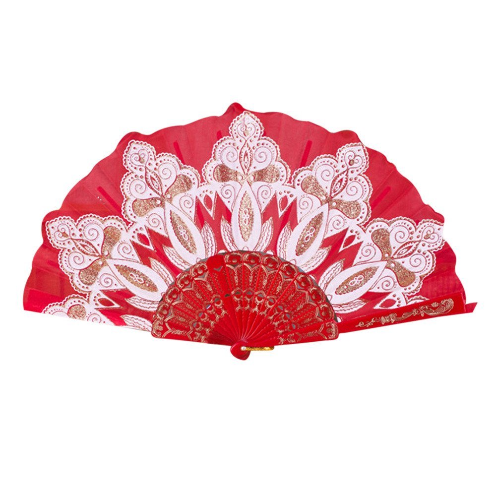 DUO ER Chinese Style Dance Wedding Party Lace Silk Folding Hand Held Flower Fan Party Performance Hand Held Props (Color : Red)