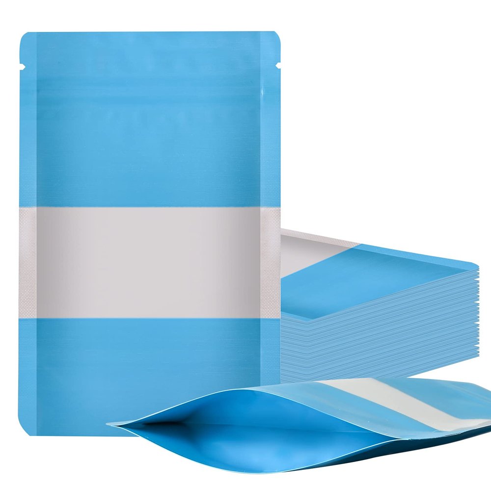 100 Pieces Smell Proof Mylar Bags, Resealable Food Storage Bags with Clear Window, Foil Pouch Stand-up Bags for Food Self Sealing Storage Supplies (Blue, 4 x 6 Inch)