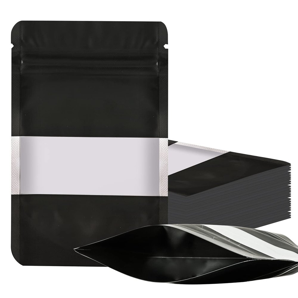 100 Pieces Smell Proof Mylar Resealable Food Storage Bags With Clear Window, Foil Pouch Stand-up for Self Sealing Supplies (Black, 4.7 x 7.8 Inch)