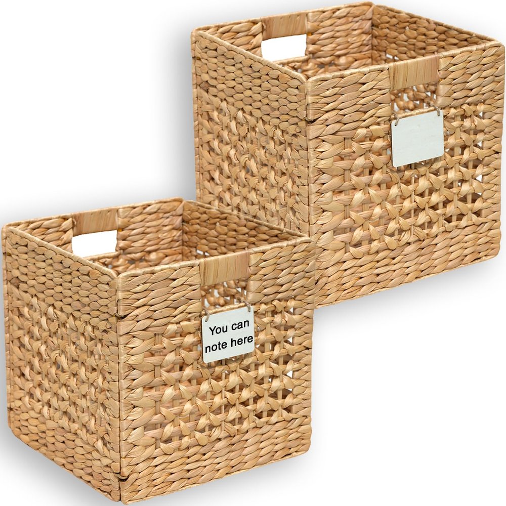 2 Pcs Storage Baskets For Shelves, 12 Inch Cube Organizer Bins, Water Hyacinth Wicker Basket For Blankets, Woven Basket, Foldable Hyacinth Storage Baskets For Organizing Bathroom, Bedroom, Laundry