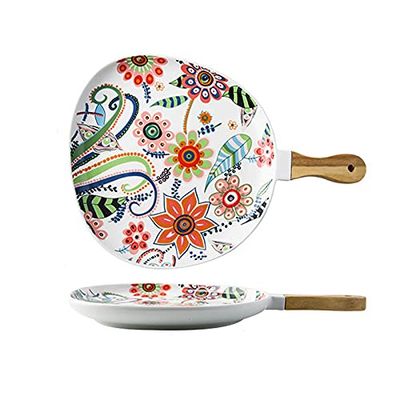 Colorful Dinner Plate with Wooden Handle, Nordic Style Ceramic Dish for Steak Salad Pasta, Irregular Shape Porcelain Plates Food Tray, Home Decor & Gift (Large,Drip Tray)