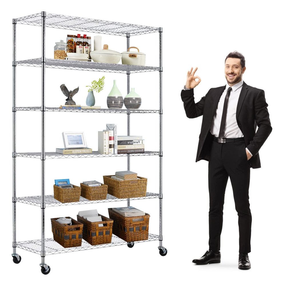 Chrome Heavy Duty 6-Tier Wire Shelving Unit - 48" L x 18" W x 76" H with Casters, Adjustable Garage Shelves for Storage, Restaurant, Pantry