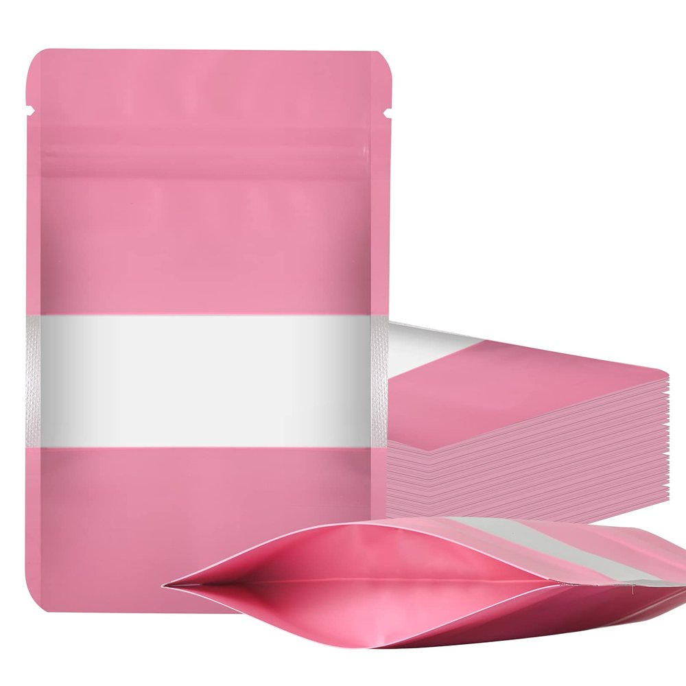 100 Pieces Smell Proof Mylar Resealable Food Storage Bags With Clear Window, Foil Pouch Stand-up for Self Sealing Supplies (Pink, 4.7 x 7.8 Inch)