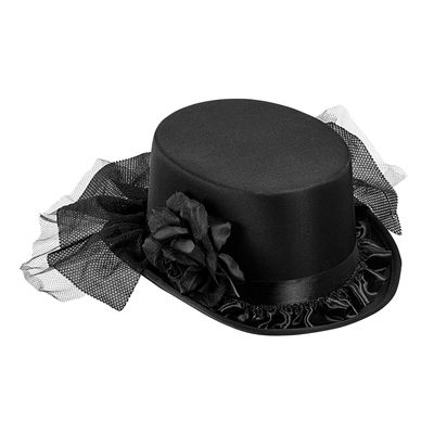 WIDMANN W MILANO Party Fashion - Top Hat with Black Rose and Tulle for Women, Felt, 18th Century, 19th Century, Noble, Wild West, Gothic, Halloween, Carnival, Theme Parties, Black