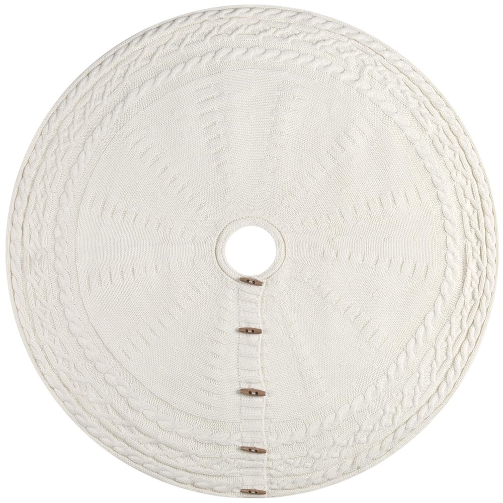 Starry Dynamo 48-Inch Cable Sweater Knit Christmas Tree Skirt with Wooden Toggles, Cream