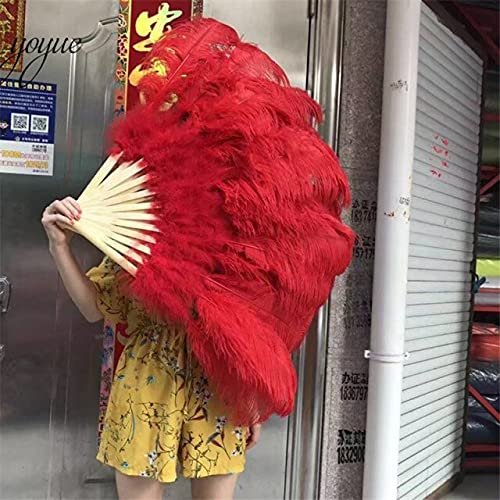 1pcs 12bars Yellow Ostrich and Marabou Feather Fan Burlesque Showgirl & Boudoir Decorative Feather Fan Dance Party Wedding Props - Red