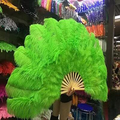 1pcs 12bars Yellow Ostrich and Marabou Feather Fan Burlesque Showgirl & Boudoir Decorative Feather Fan Dance Party Wedding Props - Green