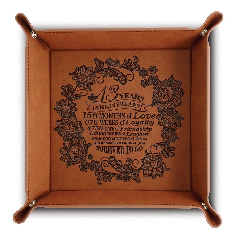 Bella Busta-13 Years Anniversary-Traditional Lace Engraved Art Work Design for 13th Anniversary-Engraved Leatherette Valet Tray (Rawhide)