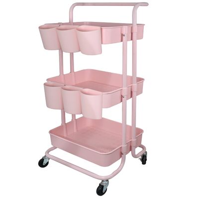Freletry 3 Tier Utility Rolling Cart Storage Organizer Shelf Rack with 6PCS Hanging Cups for Home Office Kitchen Bathroom Storage (Pink)