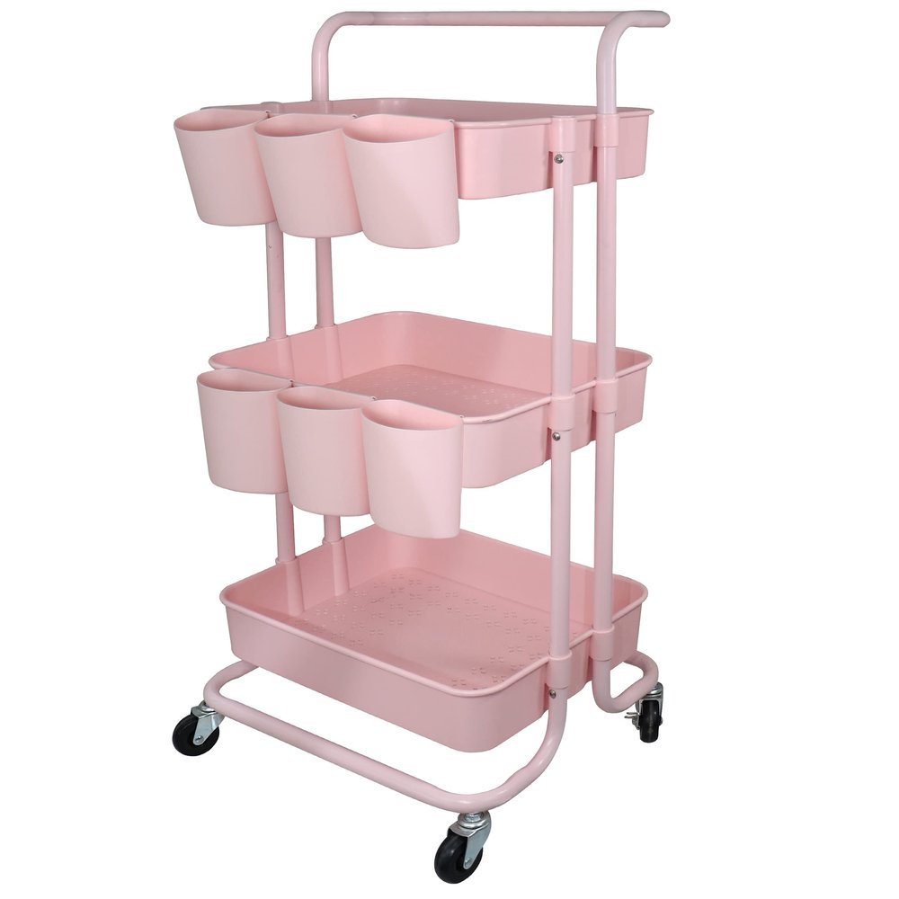 Freletry 3 Tier Utility Rolling Cart Storage Organizer Shelf Rack with 6PCS Hanging Cups for Home Office Kitchen Bathroom Storage (Pink)