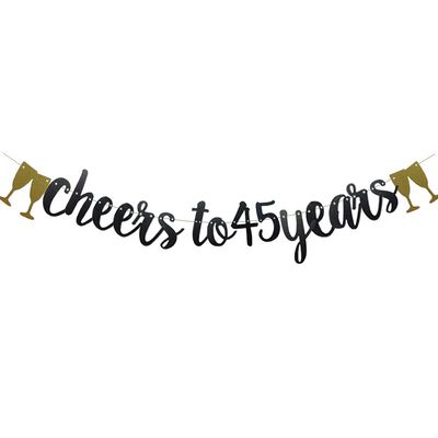 Cheers To 45 Years Banner,Pre-Strung, Black Paper Glitter Party Decorations For 45TH Wedding Anniversary 45 Years Old 45TH Birthday Party Supplies Letters Black ZHAOFEIHN