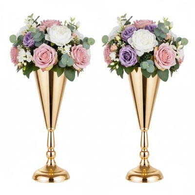 2pcs of Tabletop Gold Flower Centerpieces: 14.4in Metal Wedding Flower Gold Vases, Elegant Flower Holders for Christmas Anniversary Birthday Party Home Decoration Flower Arrangements