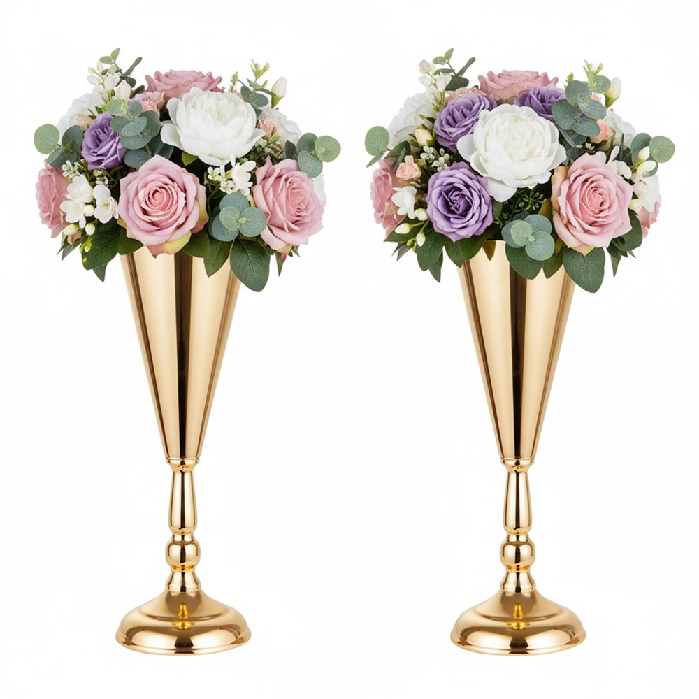 2pcs of Tabletop Gold Flower Centerpieces: 14.4in Metal Wedding Flower Gold Vases, Elegant Flower Holders for Christmas Anniversary Birthday Party Home Decoration Flower Arrangements
