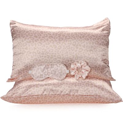2 Pack Satin Pillowcase with Latent Zipper, Adjustable Satin Eye Mask for Sleeping and Satin Volume Scrunchie for Hair and Skin, Standard Size (Pink, Leopard Style)