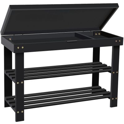 BAMBUROBA Shoe Rack Bench for Entryway,3-Tier Bamboo Small Bench with Storage Drawer,Shoe Shelf Organizer Indoor Outdoor Use,Black
