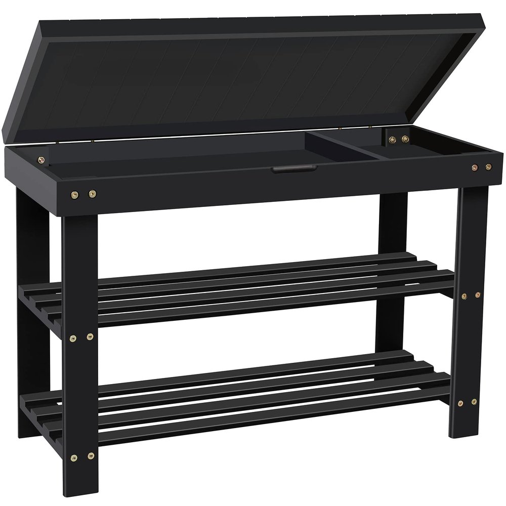 BAMBUROBA Shoe Rack Bench for Entryway,3-Tier Bamboo Small Bench with Storage Drawer,Shoe Shelf Organizer Indoor Outdoor Use,Black