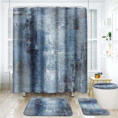 ArtSocket Blue Grey Abstract Bathroom Set with Shower Curtain and Rugs Accessory, Painting Gray Vintage Retro Abstract Shower Curtain for Bathroom Decor 4 Pcs