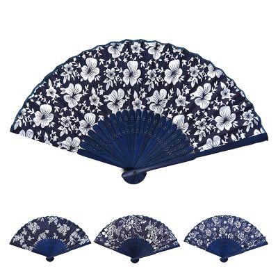 DUO ER 2pcs Flower Design Chinese Style Blue Fabric Hand Fan with Dyed Blue Bamboo Frame Wedding Party Favor Random Style