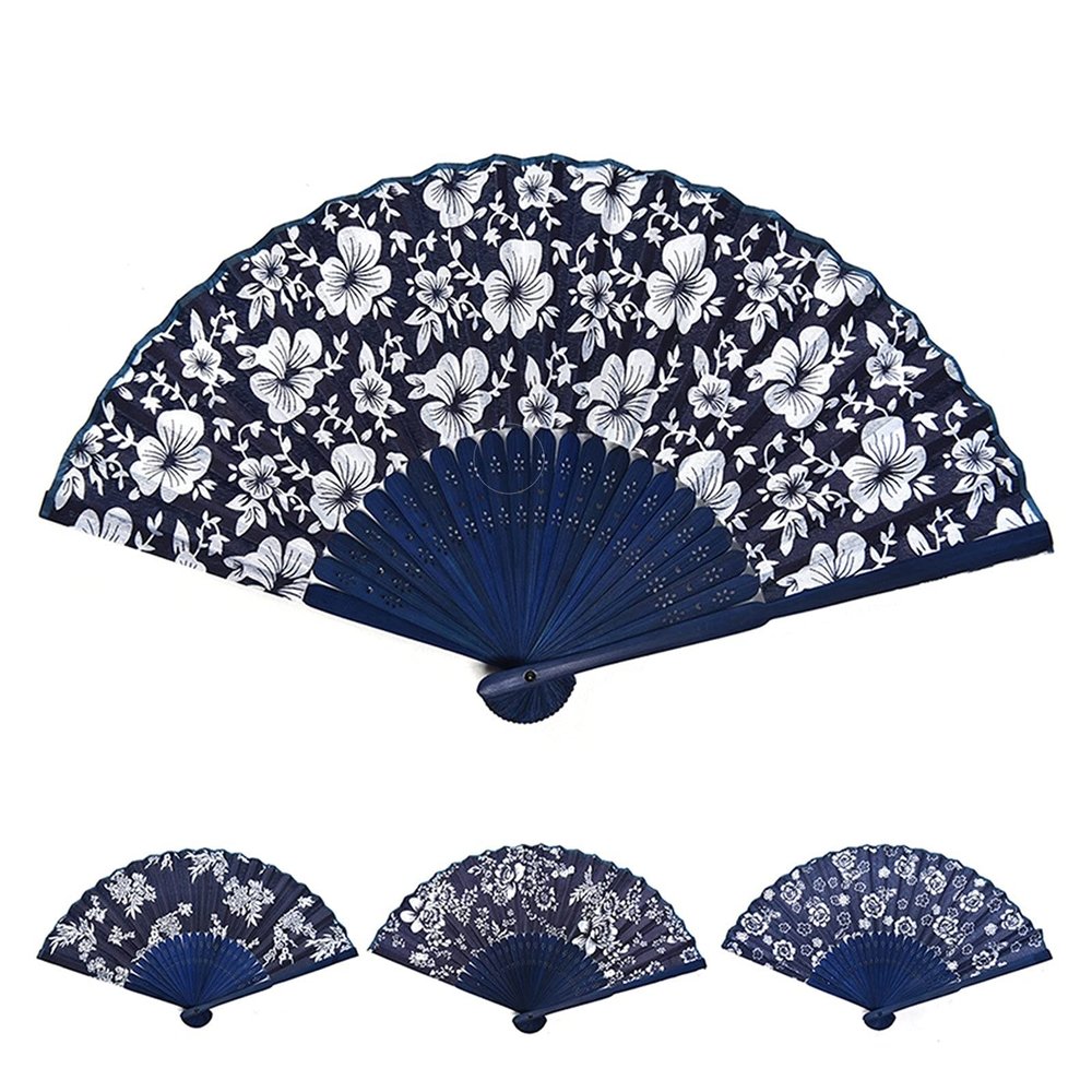 DUO ER 2pcs Flower Design Chinese Style Blue Fabric Hand Fan with Dyed Blue Bamboo Frame Wedding Party Favor Random Style