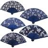 DUO ER 2pcs Flower Design Chinese Style Blue Fabric Hand Fan with Dyed Blue Bamboo Frame Wedding Party Favor Random Style view 2