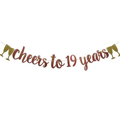 Cheers To 19 Years Banner,Pre-Strung, Rose Gold Paper Glitter Party Decorations For 19TH Wedding Anniversary 19 Years Old 19TH Birthday Party Supplies Letters Rose Gold ZHAOFEIHN