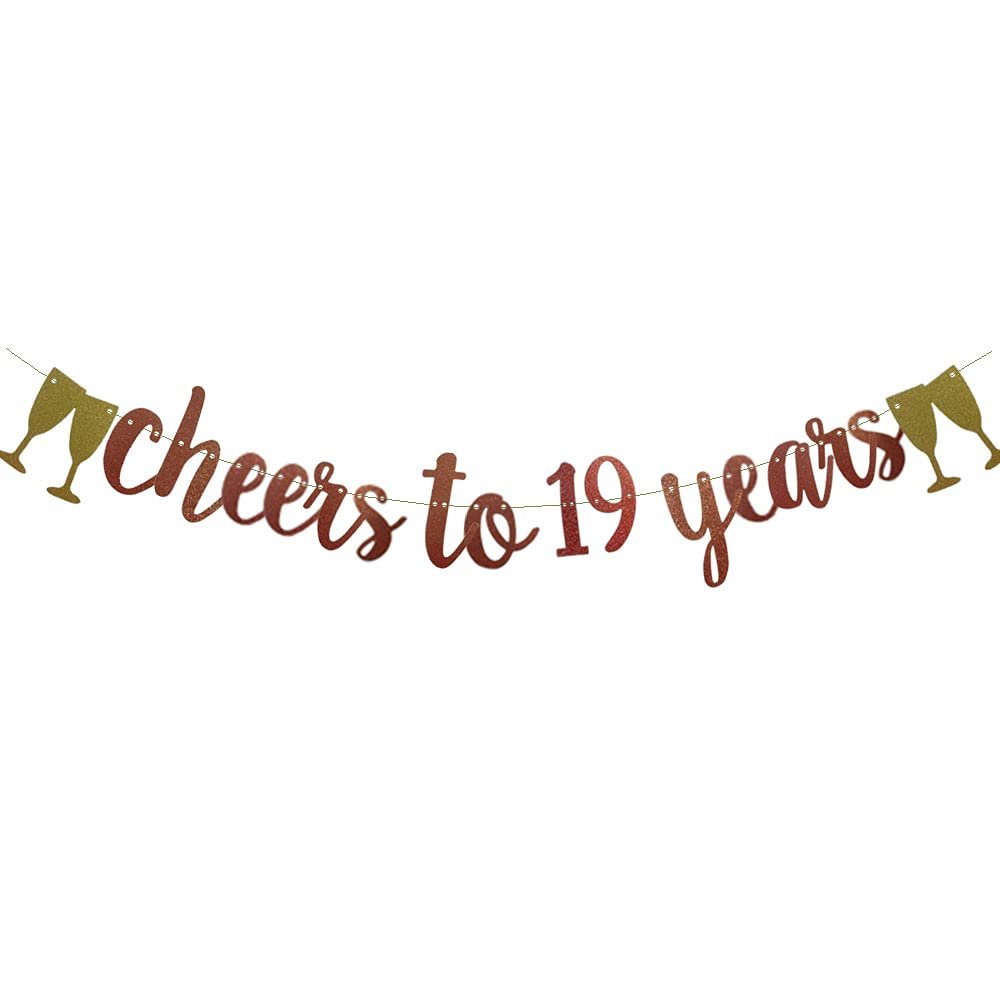 Cheers To 19 Years Banner,Pre-Strung, Rose Gold Paper Glitter Party Decorations For 19TH Wedding Anniversary 19 Years Old 19TH Birthday Party Supplies Letters Rose Gold ZHAOFEIHN