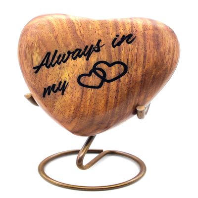 5MOONSUN5 Wooden Handcrafted Heart Urn Keepsake Cremation Urn for Human pet Ashes - Perfect for Adults & Infants with Brass Stand 3 inch with Engraving Always in My Heart