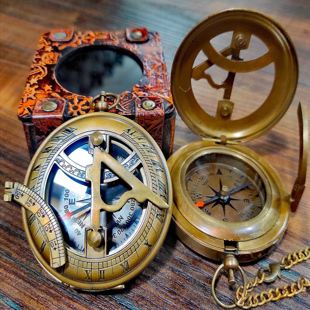 AYZCORP Personalized Sundial Compass with Leather Case and Chain - Push Open Compass - Antiquated Finish -Sundial Clock Custom Gift Baptism Gifts, Best Easter, Birthday, Mothers Day, Fathers Day,