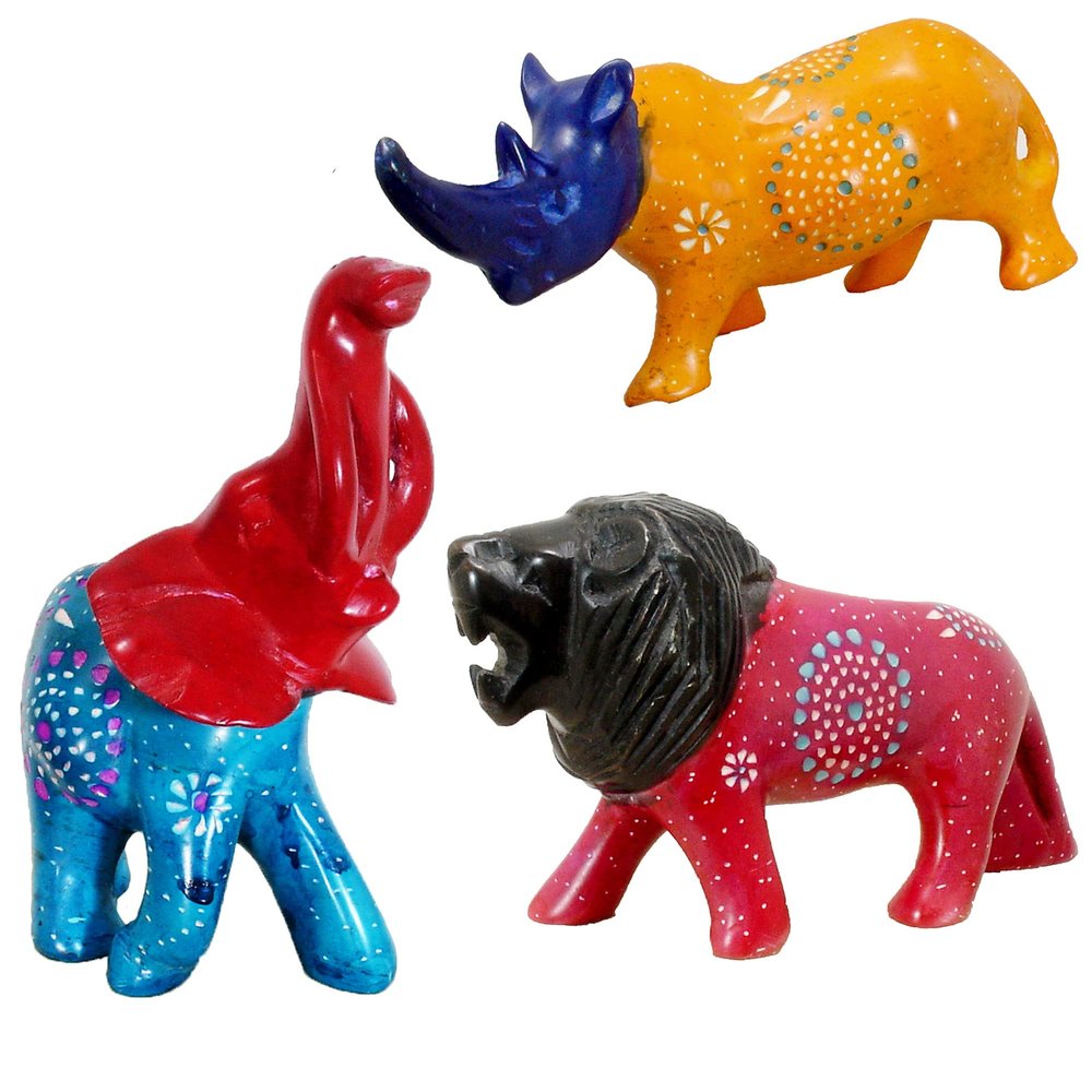 African Jungle Safari Animals 5 Inch Genuine Human Touch Smooth Elegant Cool and Soothing Stone Figurine Decor Set of 3 Hand Carved Painted Etched by African Artists (Elephant Rhino Lion)