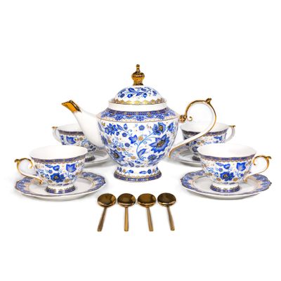 ACMLIFE Bone China Tea Set for Adults, Blue and White Tea Set for 4, Porcelain Vintage Floral China Tea Sets for Women Gift with Teapot (Blue and White)