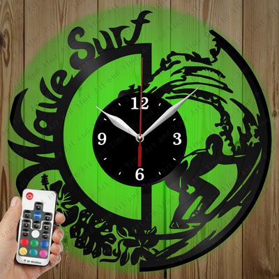 LED Vinyl Clock - Light Vinyl Wall Clock - Surfing - Custom Original Gift - Art LED Clock Design - Personalised LED Vinyl Record Wall Clock - Unique LED Light Home Decor