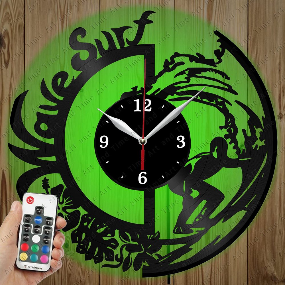 LED Vinyl Clock - Light Vinyl Wall Clock - Surfing - Custom Original Gift - Art LED Clock Design - Personalised LED Vinyl Record Wall Clock - Unique LED Light Home Decor
