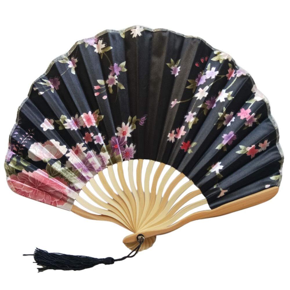 DUO ER Chinese Pattern Chinese Style Hand Held Fans Silk Bamboo Folding Fans Handheld Wedding Hand Fan Cool Bamboo Flower Personalized (Color : A)