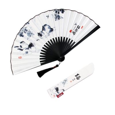 DUO ER Folding Hand Held Fan with Tassels Chinese Classical Ink Painting Retro Style for Wedding Dancing Church Party Gifts (Color : A)