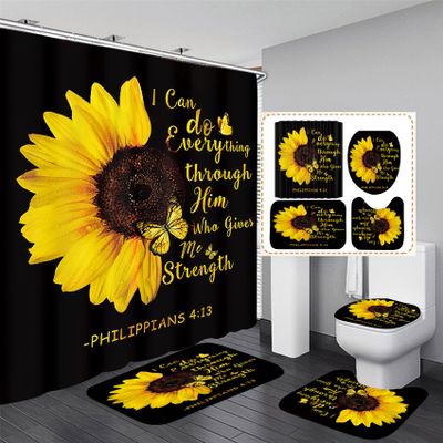 AZHM 4pcs Sunflower Shower Curtain Set Inspirational Quotes Flower Bathroom Decor with Rugs Bathroom Accessories Set Bathroom Curtain Shower with 12 Hooks