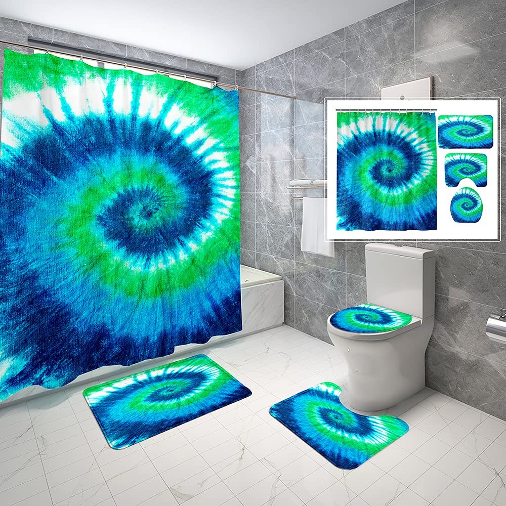 4 Piece Tie Dye Shower Curtain 4 Pieces Sets,Waterproof Fabric Bathroom Sets with Non-Slip Rugs,Toilet Lid Cover and Bath Mat,Waterproof and Durable Shower Curtain with Standard Size