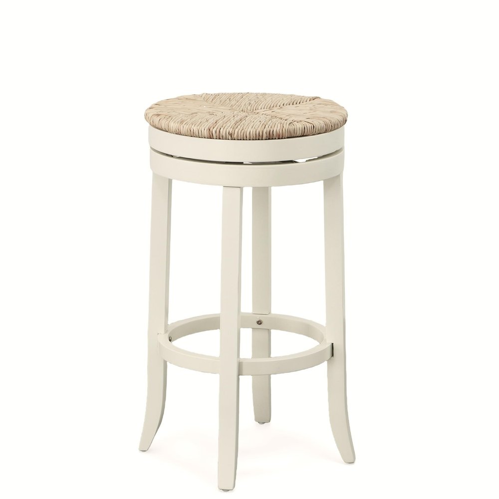 Carolina Chair & Table Stellan 30" Swivel Bar Stool with Rush Seat - Antique White Finish Farmhouse Solid Wood Frame Kitchen Stool - Built in Footrest, Compact Round Seat for Counter Height Seating