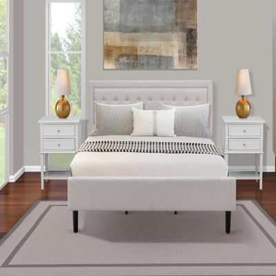 East West Furniture FN08K-2VL14 3-Piece Platform King Size Bedroom Set with 1 Mid Century Bed and 2 Night Stands - Reliable and Durable Manufacturing - Mist Beige Linen Fabric