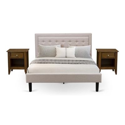 East West Furniture FN08Q-2GA08 3-Piece Platform Bed Set with 1 Queen Wood Bed Frame and 2 Mid Century Modern Nightstands - Reliable and Sturdy Manufacturing - Mist Beige Linen Fabric