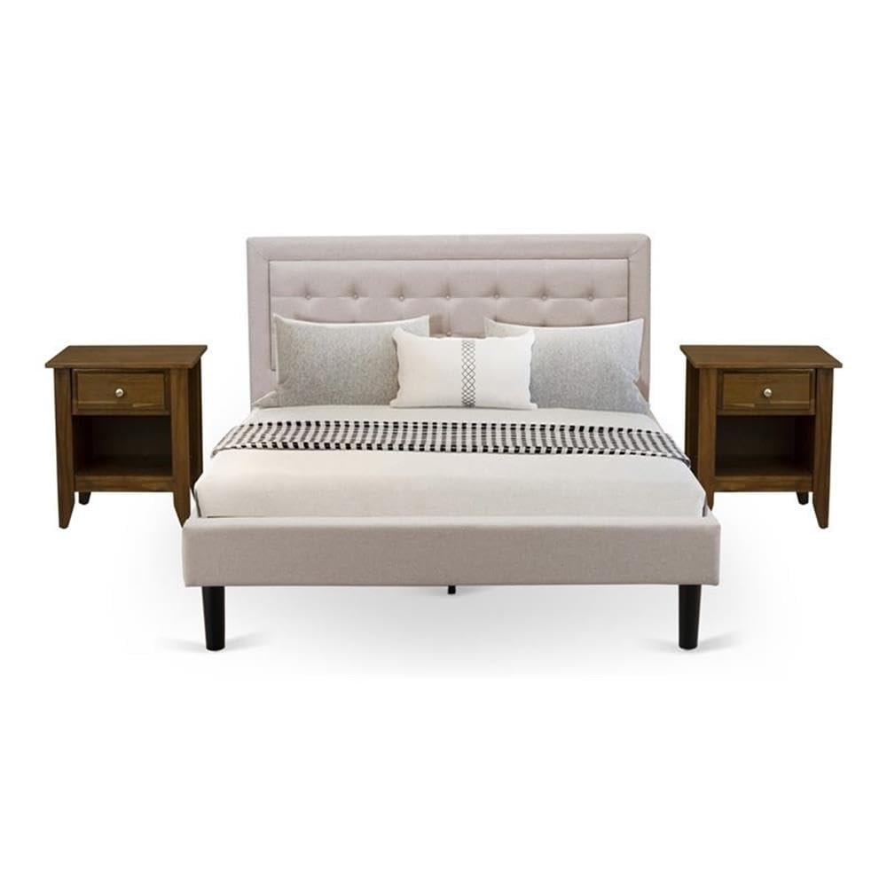 East West Furniture FN08Q-2GA08 3-Piece Platform Bed Set with 1 Queen Wood Bed Frame and 2 Mid Century Modern Nightstands - Reliable and Sturdy Manufacturing - Mist Beige Linen Fabric
