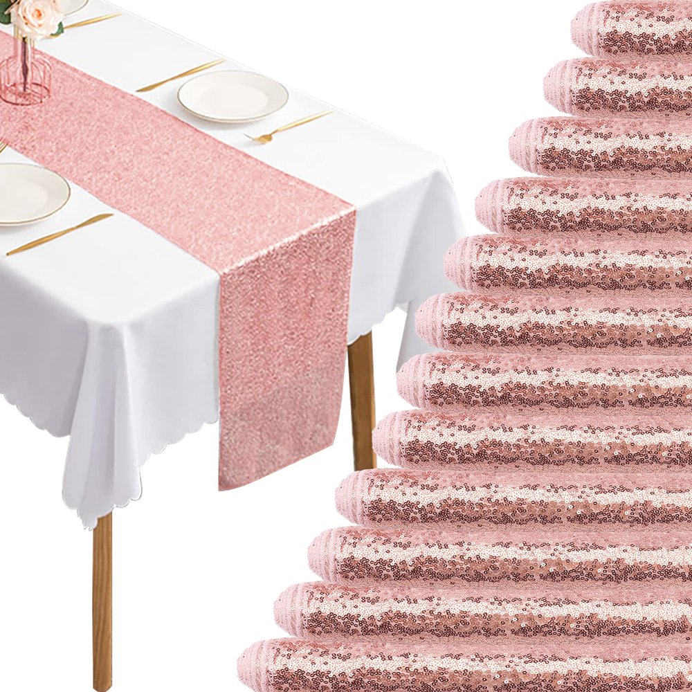 12 Packs Sequin Table Runner Rose Gold 12 X 108 Inch Glitter Dining Table Runner for Birthday Wedding Engagement Bridal Baby Shower Bachelorette Holiday Celebration Party Supplies Decorations