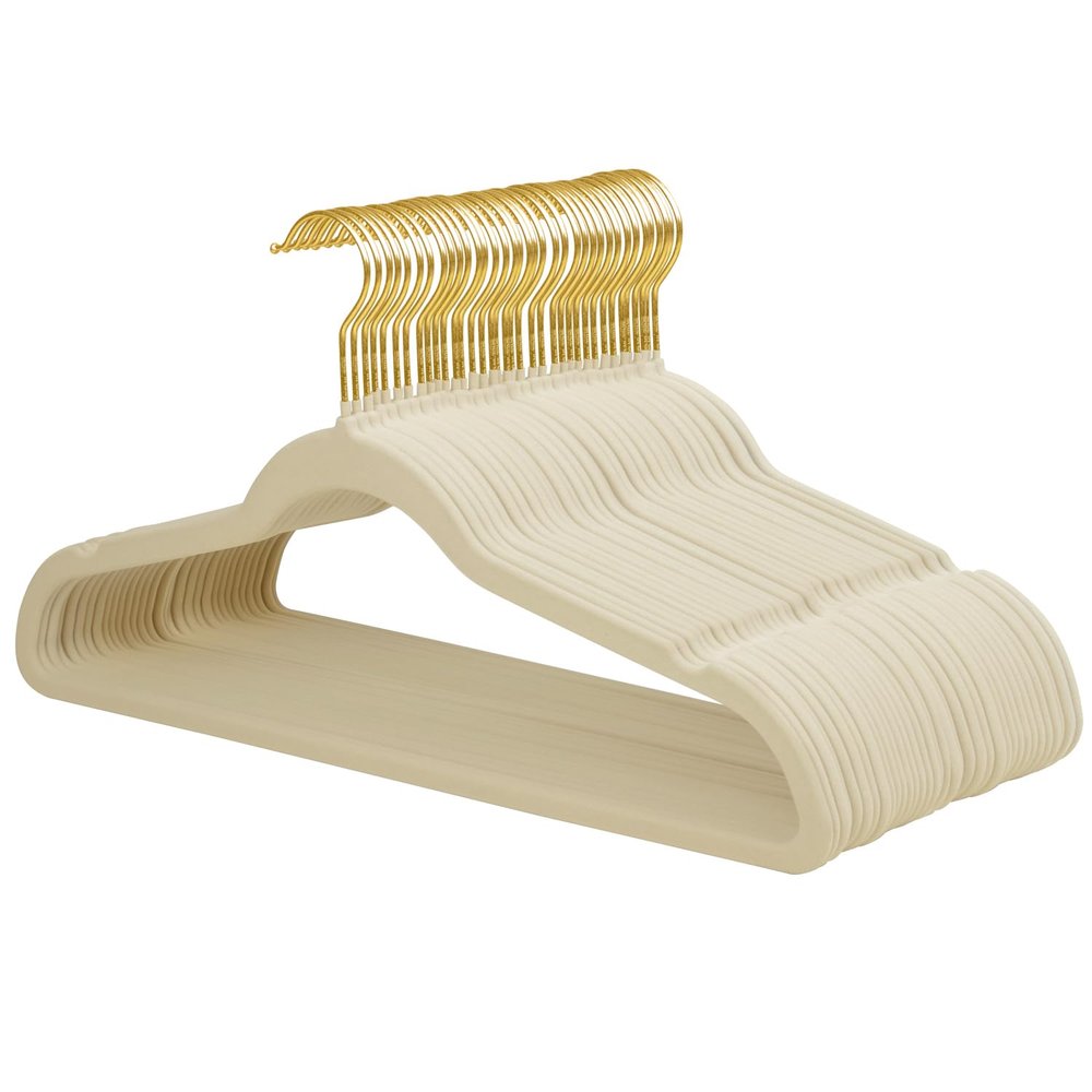 ManGotree Velvet Coat Hangers with 360 Swivel Gold Hook, Non-Slip Felt Suit Hangers, Slim Space Saving Clothes Hanger for Jacket, Sweater, Shirt, Dress, Pants (36 Pack, Beige)