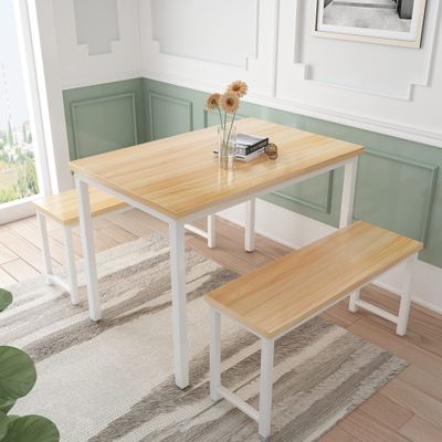 AWQM Dining Room Table Set, Kitchen Table Set with 2 Benches, Ideal for Home, Kitchen and Dining Room, Breakfast Table of 47.2x28.7x29.5 inches, Benches of 41.3x11.8x17.7 inches, Beige