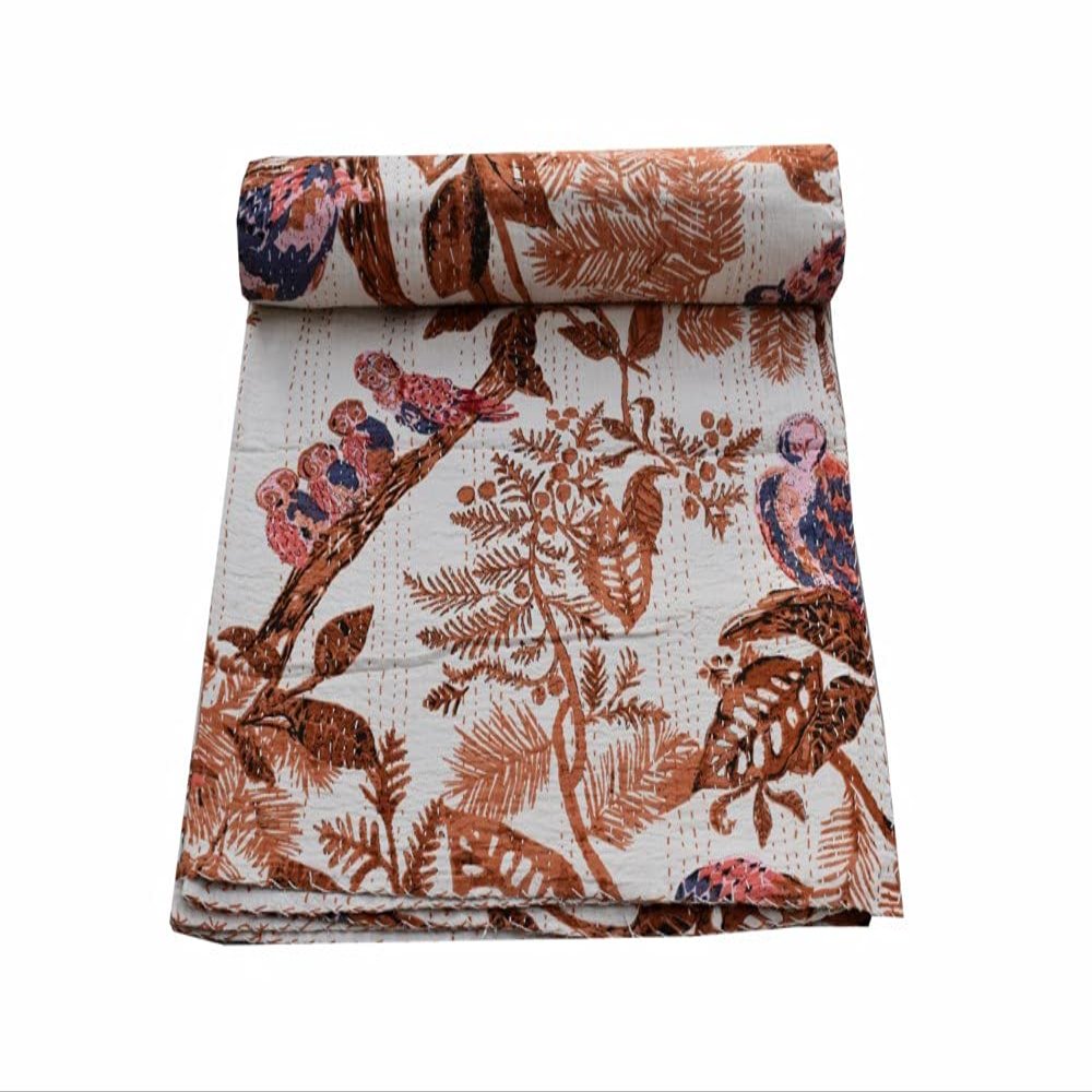 Kantha Indian Throw Handmade King Blanket Size Unique Art Boho Blanket Pure Printed Cotton Owl New Quilt (Brown, 108x108 Inches)