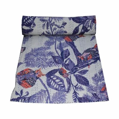 Kantha Indian Throw Handmade King Blanket Size Unique Art Boho Blanket Pure Printed Cotton Owl New Quilt (Blue, 108x108 Inches)