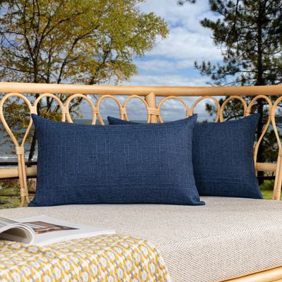 Kevin Textile Pack of 2 Decorative Outdoor Waterproof Throw Pillow Covers Checkered Lumbar Pillowcases Classic Cushion Cases for Patio Couch Bench 12 x 20 Inch Blue