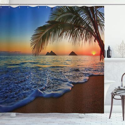 Ambesonne Hawaiian Shower Curtain, Pacific Sunrise at Lanikai Beach Hawaii Wavy Ocean Surface Colorful Sky Scene, Cloth Fabric Bathroom Decor Set with Hooks, 69" W x 75" L, Blue Ivory