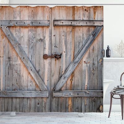 Ambesonne Rustic Shower Curtain, Old Wooden Garage Door American Native Country Farm Style Art Image, Cloth Fabric Bathroom Decor Set with Hooks, 69" W x 75" L, Bronze Charcoal