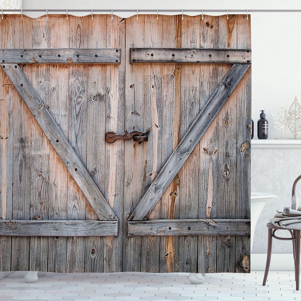 Ambesonne Rustic Shower Curtain, Old Wooden Garage Door American Native Country Farm Style Art Image, Cloth Fabric Bathroom Decor Set with Hooks, 69" W x 75" L, Bronze Charcoal